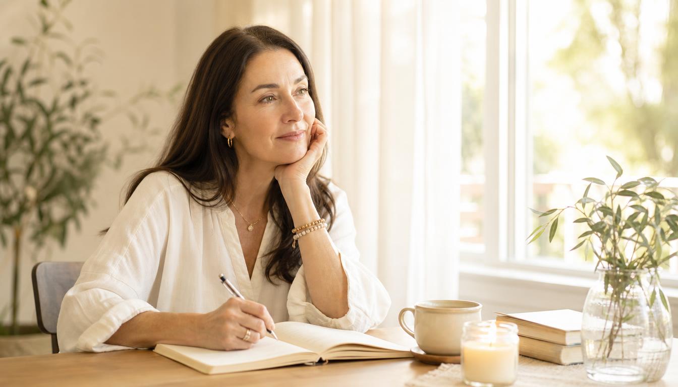 A woman seated in a warm sunlit room, writing in a journal with tea, books, and candlelight nearby